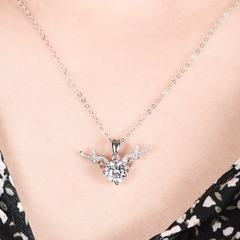 1 Carat Sterling Silver Platinum Plated Antler Moissanite Necklace - With You All The Way, Deer